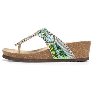 White Mountain Jewel Beaded Birkenstock Style Wedge Sandal Platform Thong Shoe 6
